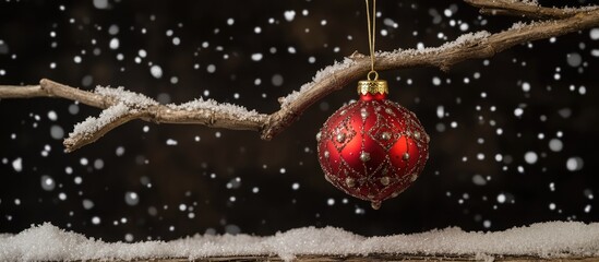 Red Christmas Ornament Hanging from Snowy Branch Against Dark Background with Space for Holiday Text or Greetings