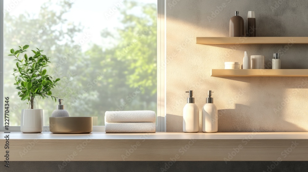 Poster Tidy bathroom shelf with accessories and natural light highlighting elegant decor elements by the window in a serene setting