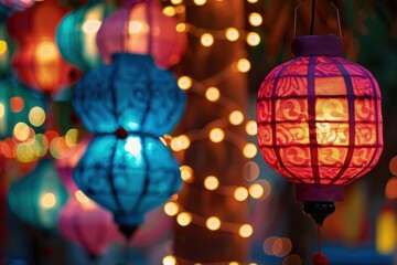 Naklejka premium Colorful Paper Lanterns with Warm Glow for Traditional Festive Celebrations and Cultural Harmony