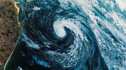 Satellite perspective of tsunami waves forming and approaching coastal land with swirling water patterns and urban landscape visible