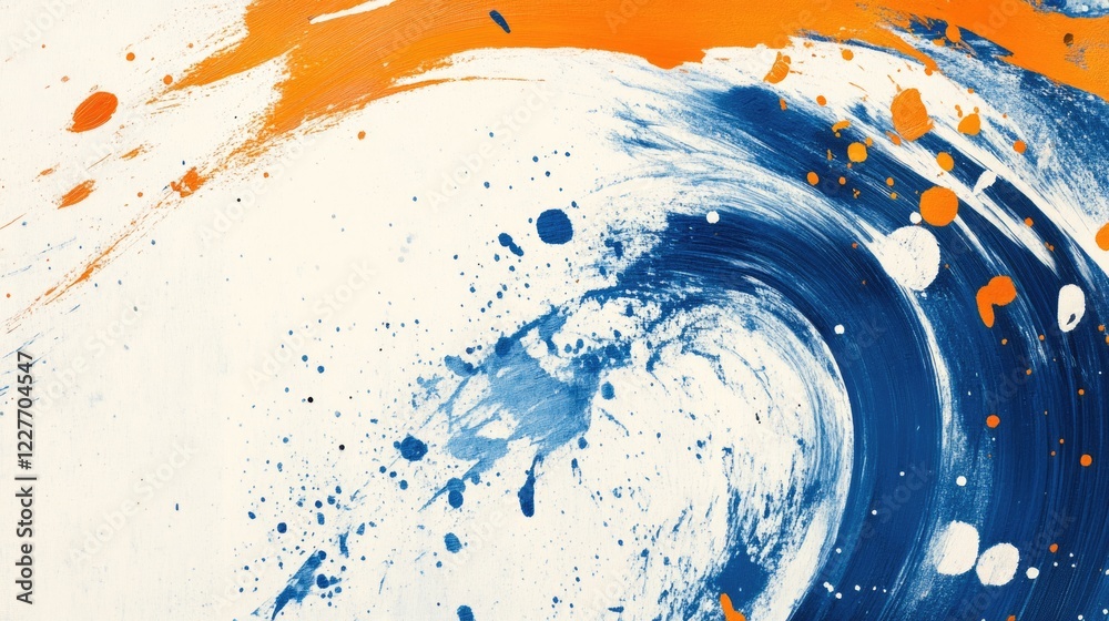 Aufkleber Dynamic abstract expressionism with blue swirls and orange splashes offering vibrant color contrast and ample copy space for design projects