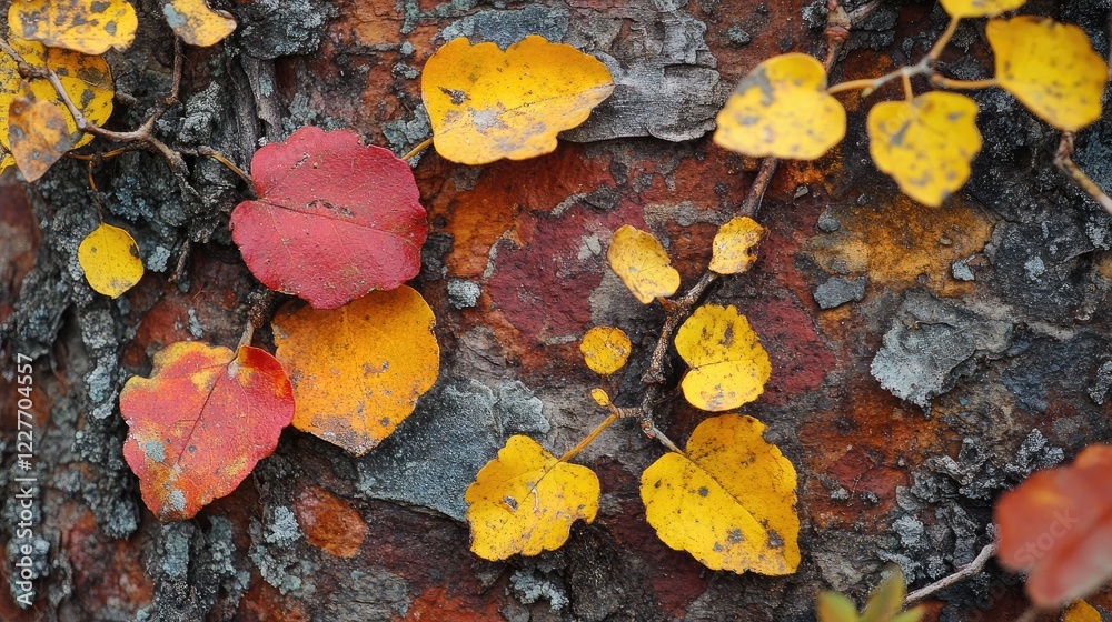 Poster Rustic autumn foliage with vibrant red and yellow leaves on a textured tree trunk creating a warm, natural backdrop in blurred environment.