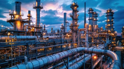 Industrial complex at twilight with illuminated structures and pipes under a dramatic sky