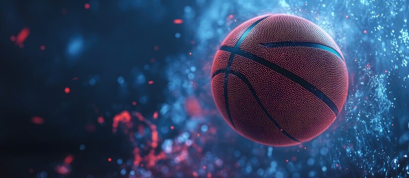 Basketball in slow motion with vibrant particles on a neon background representing innovative sports technology and future possibilities