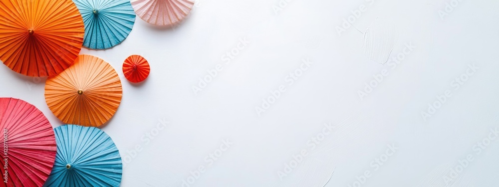 Poster colorful umbrellas on white background minimalist design with vibrant colors and copy space for cont