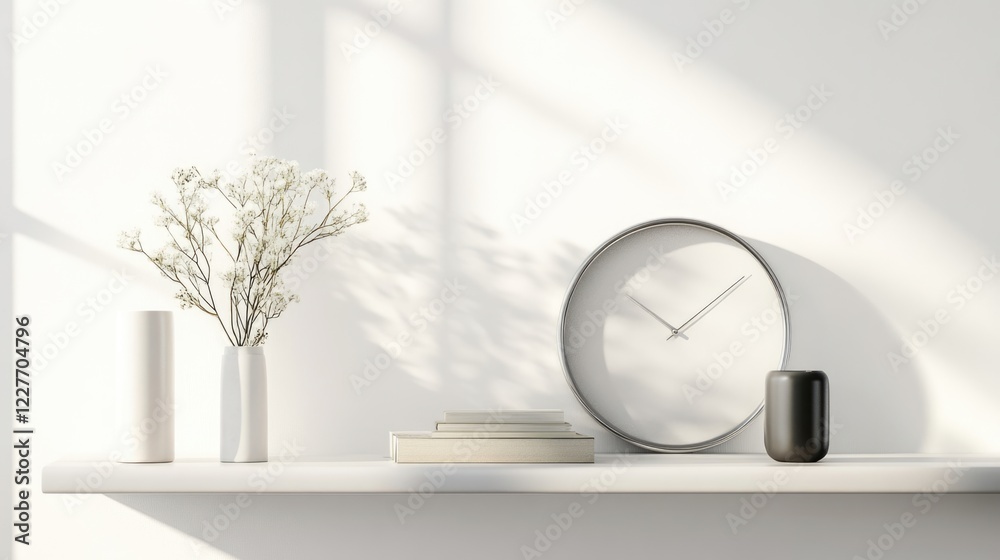 Poster Modern Minimalist Shelf Display with Silver Framed Clock and Decorative Elements on White Wall with Soft Natural Lighting