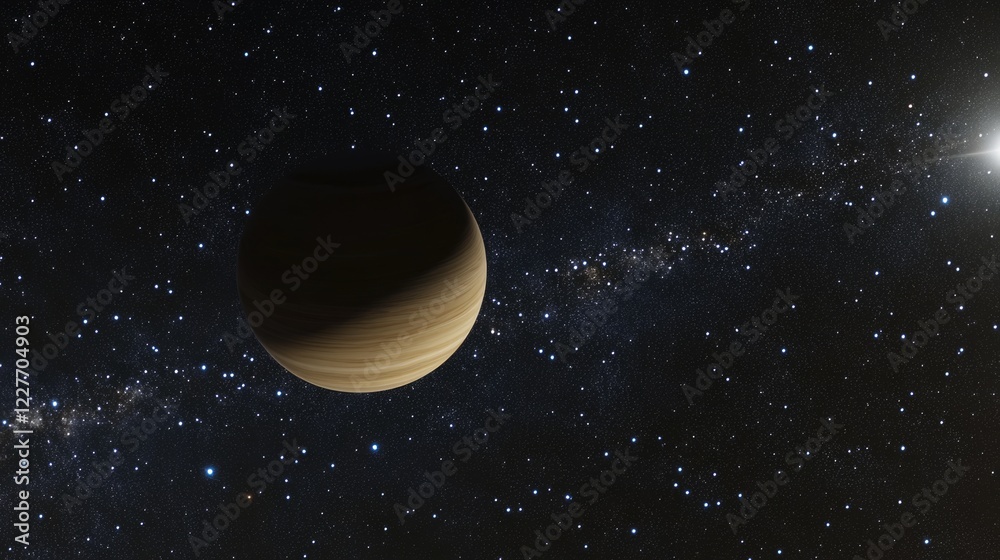 Poster serene cosmic landscape showcasing a distant planet amidst a backdrop of shimmering stars and galact