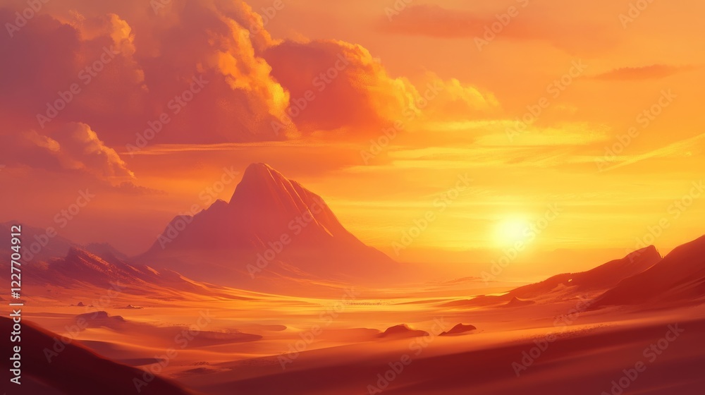 Poster serene desert landscape featuring warm sunset hues with dramatic mountains and soft clouds creating 