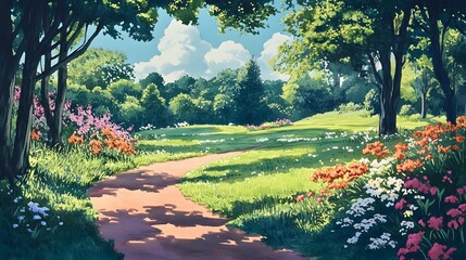 Fototapeta premium Watercolor landscape with green grass, trees, and flowers in the background, and a road path 