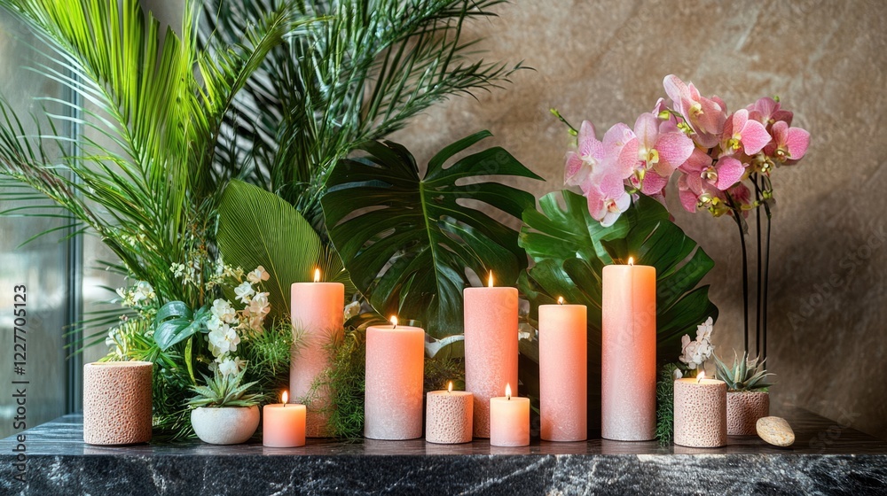Poster tranquil spa table setting featuring pink candles, lush greenery, and elegant orchids for a calming 