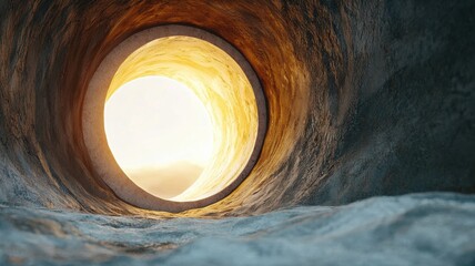 A cylindrical tunnel with a bright light at the end, suggesting depth and perspective, creating a sense of curiosity and exploration.