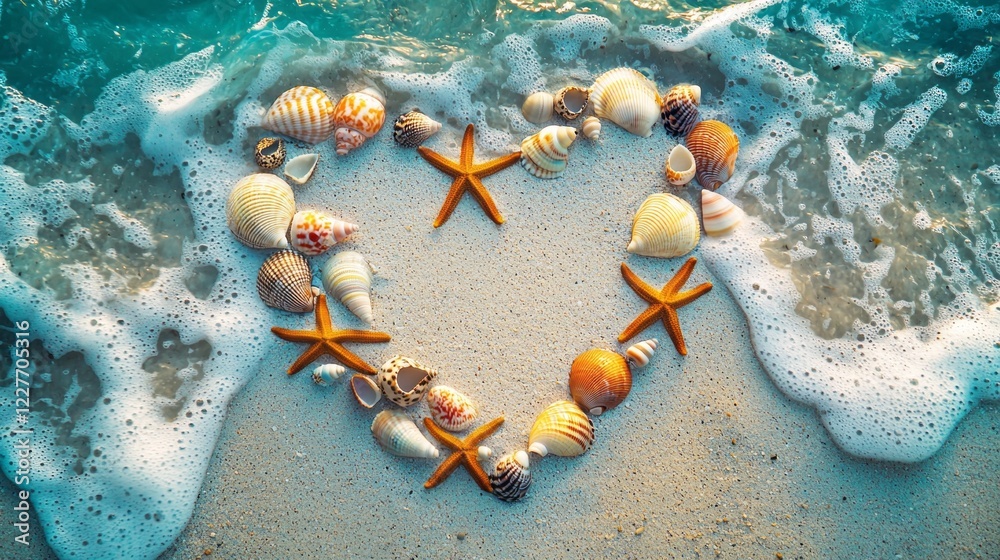 Poster a stunning display of creativity lies on the sandy shore, where seashells and starfish are arranged 