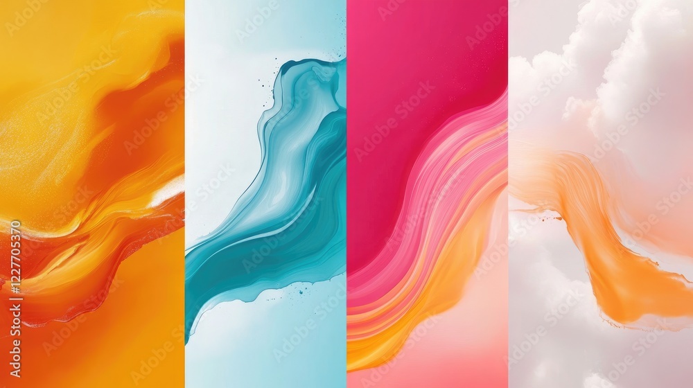 Aufkleber Colorful vertical banners with vibrant paint drips fluid wave effects and soft clouds creating ample space for text and design elements