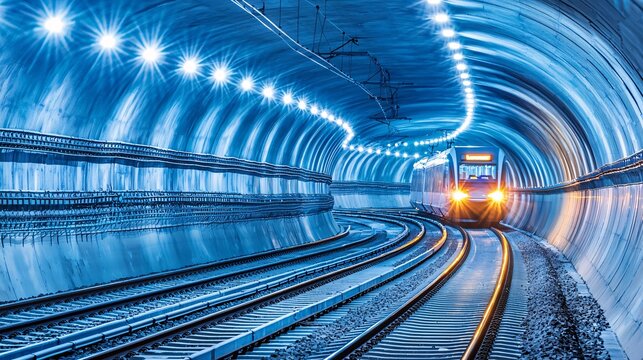 futuristic underground transit tunnel with bright, evenly spaced lights, and a train approaching at high speed. Underground railway tunnel transportation 