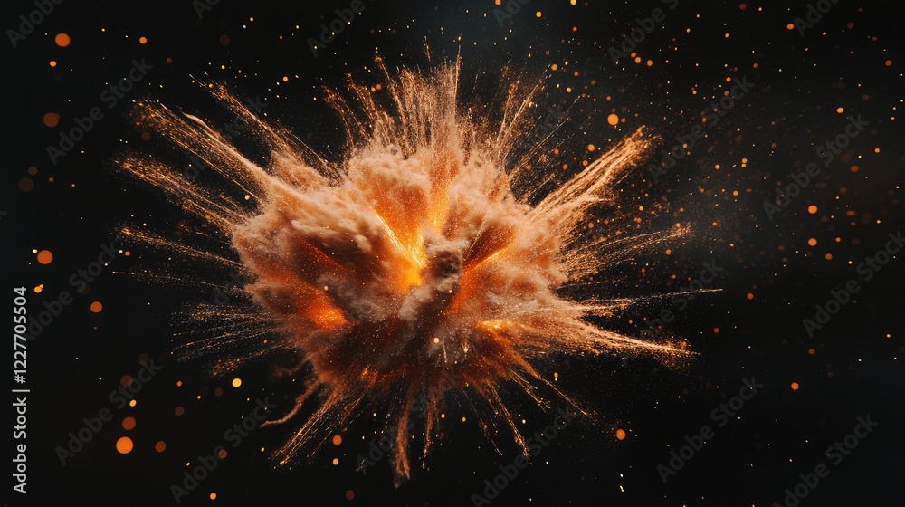 Poster realistic explosion fireball on dark background with dynamic particles and vibrant colors creating a