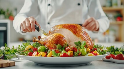 Chef Slicing Golden Roast Turkey Surrounded by Fresh Vegetables and Herbs