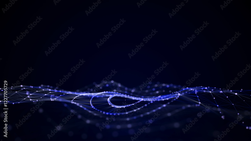 Poster Abstract circle wave with blue light on black background. Science background with moving dots and lines. Network connection technology. Digital structure with particles. 3d rendering.