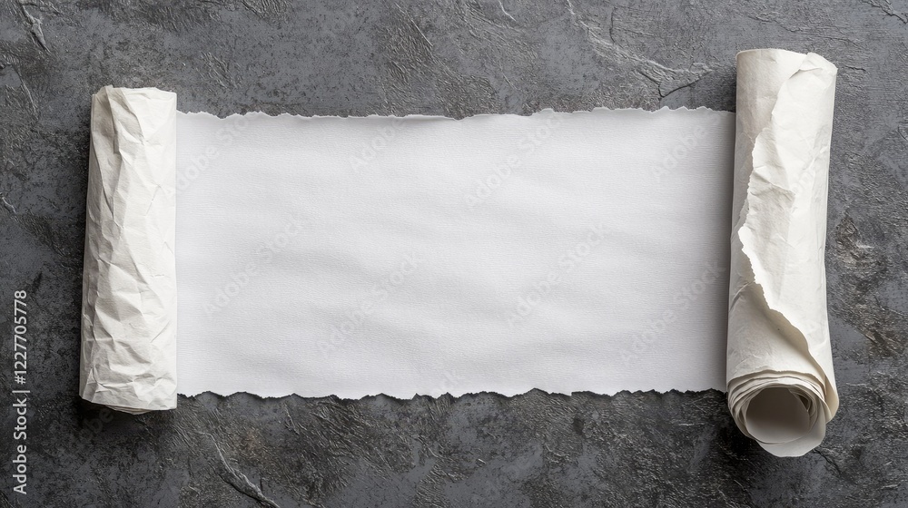 Poster white paper roll on gray textured surface with empty space for customization or text presentation to