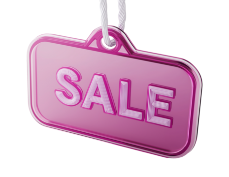 Glossy pink SALE tag with embossed text image isolated transparent. Suspended retail display cut out photo. Vibrant signage store advertising cutout element object photography