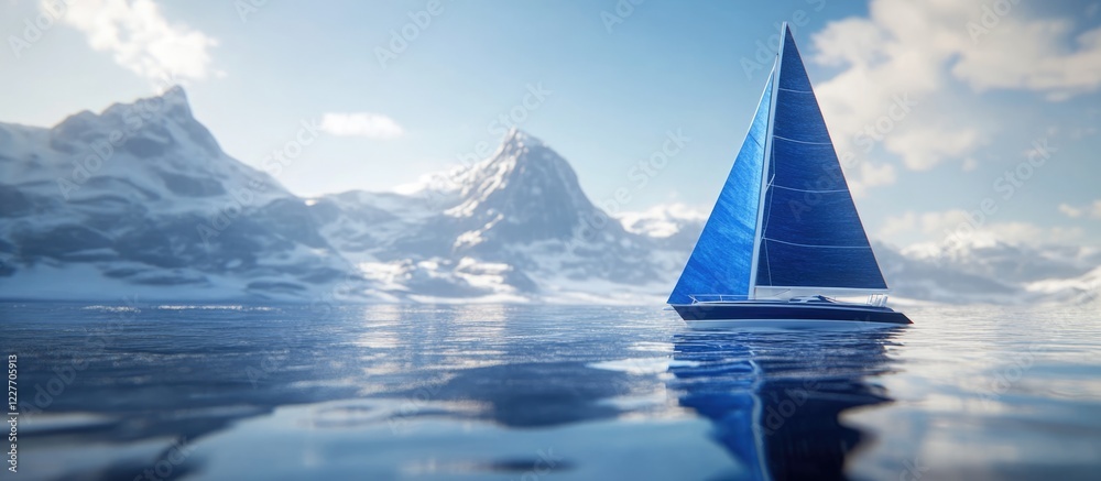 Aufkleber Sailboat gliding across tranquil ocean waters with blurred mountains in the background and ample copyspace for text or branding elements