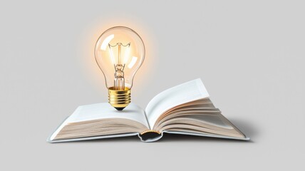 An open book with a glowing light bulb above it, symbolizing ideas, knowledge, and creativity.