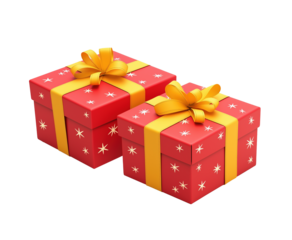 Red presents with bright yellow ribbons image isolated transparent. Festive holiday gift boxes cut out photo. Cheerful packaging giftboxes cutout element object photography