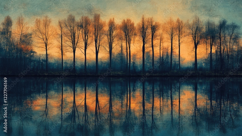Poster tranquil dusk landscape with tree silhouettes mirroring in a serene lake creating a peaceful wildern