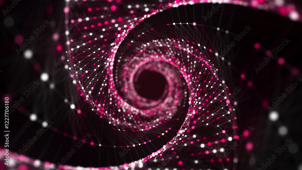 Poster Abstract circle speed tunnel with pink light on black background. Science background with dots and lines moving in a spiral. Wormhole technology. Digital structure with particles. 3d rendering.