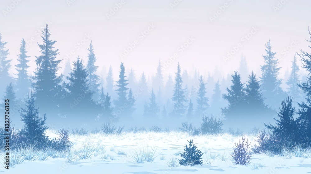 Poster Misty Winter Landscape with Conifer Trees in Snowy Forest Scene Empty Space for Text Ideal for Holiday Promotions and Seasonal Artwork