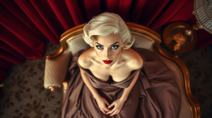A glamorous blonde woman with red lipstick sits in a luxurious armchair, looking directly at the camera.