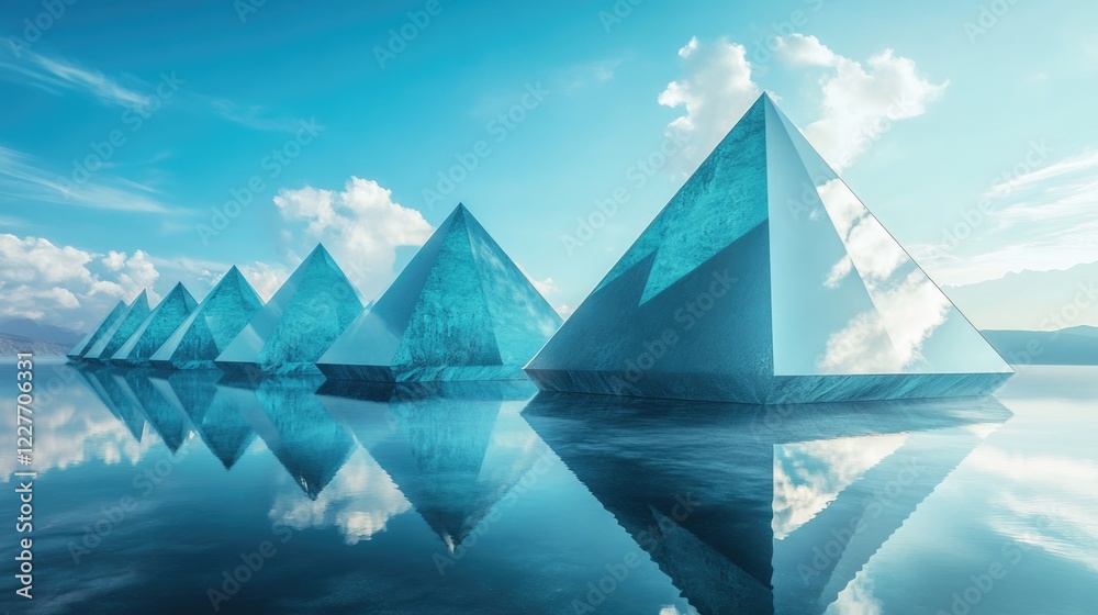 Poster futuristic triangular glass pyramids reflecting in still water against a clear blue sky creating a s