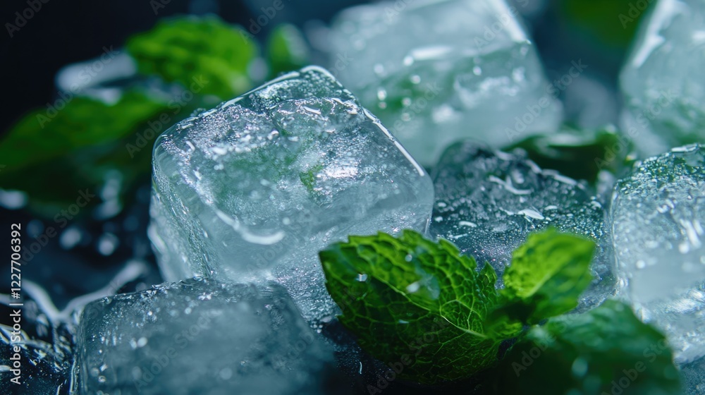 Poster fresh mint leaves and ice cubes with water droplets on a dark background creating a cool and refresh