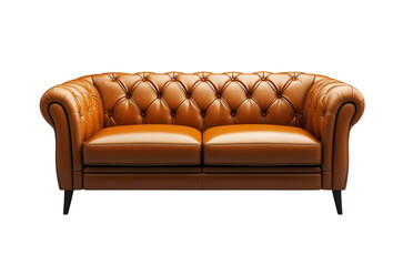 Chesterfield tan leather sofa with tufted design image isolated transparent. Elegant classic couch with rolled arms cut out photo. Vintage furniture cutout element object photography