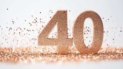 Rose gold glitter number 40 symbolizing celebration of life with sparkling confetti on white background for milestone birthday events