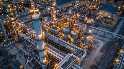 Aerial view of a bustling industrial complex at dusk, illuminated with glowing lights and intricate piping