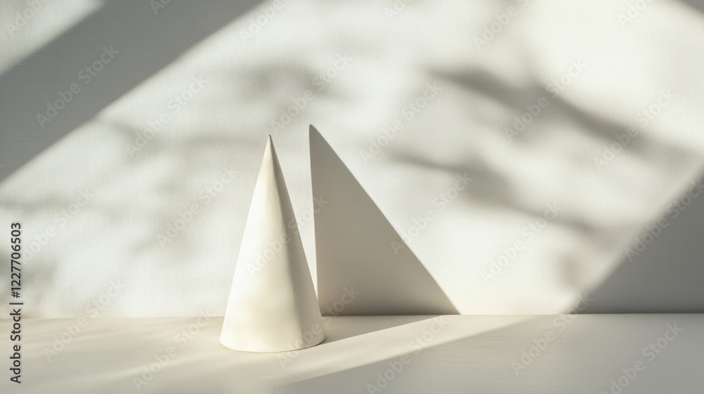 Poster Cone Shape Casting Shadows on White Canvas Surface in Minimalist Art Composition