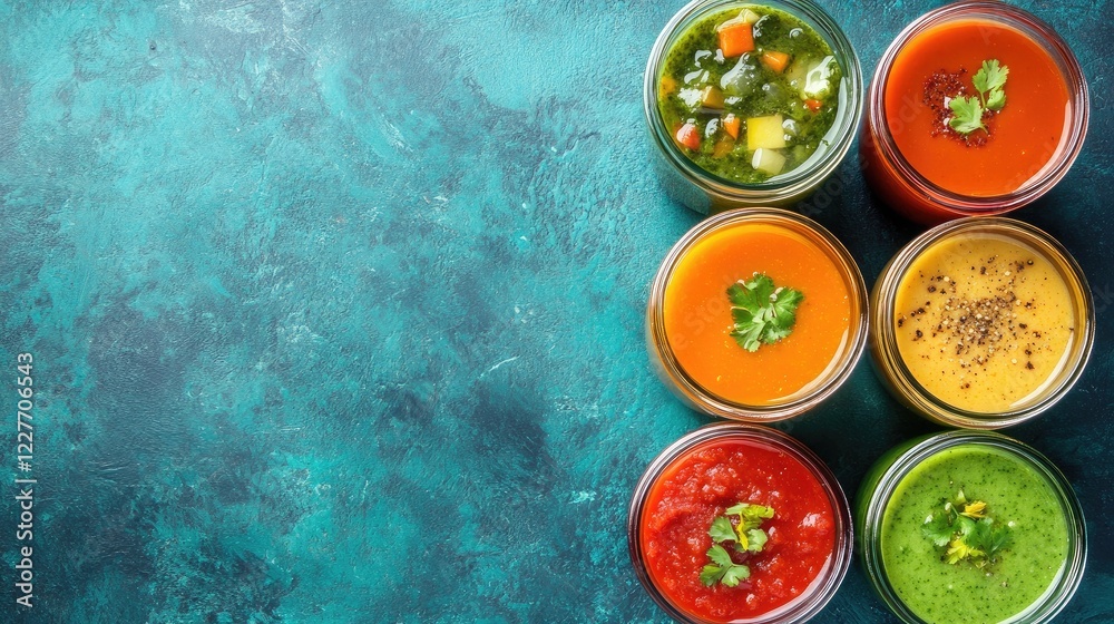 Poster assorted vegetable soups in mason jars on turquoise surface healthy food concept vibrant colors top 