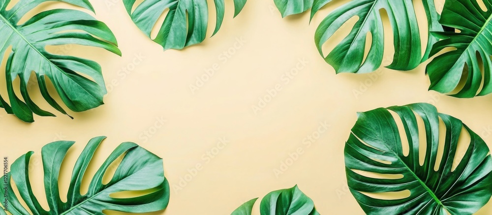 Poster tropical green palm leaves on soft yellow background with leaf shadows flat lay design for summer va