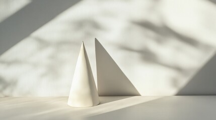 Cone Shape Casting Shadows on White Canvas Surface in Minimalist Art Composition