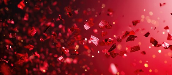 Vibrant red confetti scattered on dark red background creating a festive atmosphere with ample space for personalized text or messages