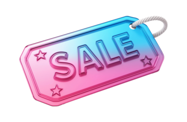 Pink blue gradient SALE tag with stars transparent image. Embossed text, retail promotion isolated cutout 3d render. Vibrant marketing signage cut out clipart design element