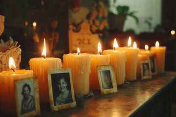 Lit candles illuminating old photographs, creating a poignant scene of remembrance and honoring cherished memories
