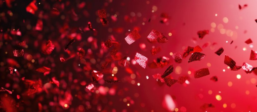 Vibrant red confetti scattered on dark red background creating a festive atmosphere with ample space for personalized text or messages
