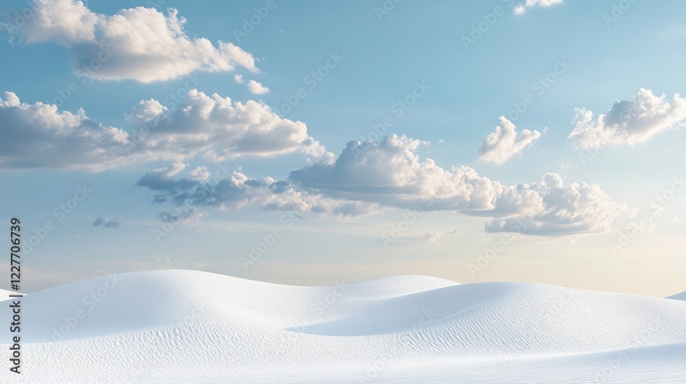 Poster serene white sand dunes under a vast blue sky with soft clouds creating a tranquil desert landscape 