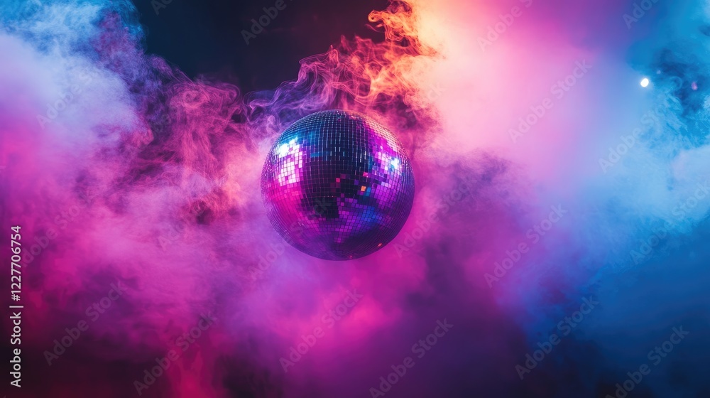 Poster vibrant smoke enveloping a sleek disco ball creating a dynamic atmosphere at a lively celebration or