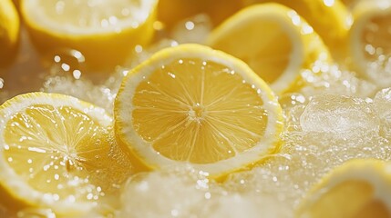 Refreshing lemonade with fresh lemon slices and ice bubbles in a sunlit setting for summer drinks and beverage promotions