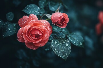 Beautiful wet red roses and leaves after the rain in a dark green garden