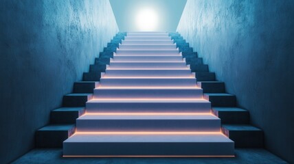 Fototapeta premium A staircase illuminated by soft light leads upward, creating a sense of depth and mystery in a minimalist, modern environment.