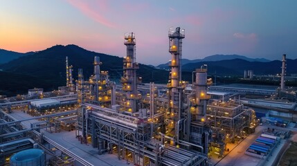 Fototapeta premium Aerial view of an industrial complex at sunset, showcasing machinery and operations in a serene landscape