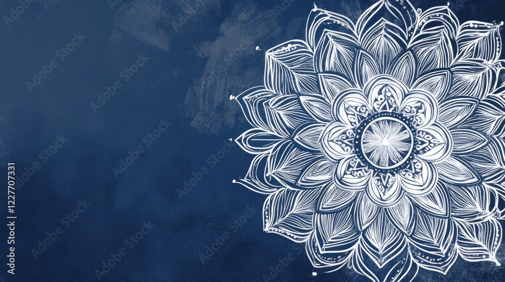 Poster intricate white mandala design on a rich navy backdrop showcasing geometric patterns and elegant det